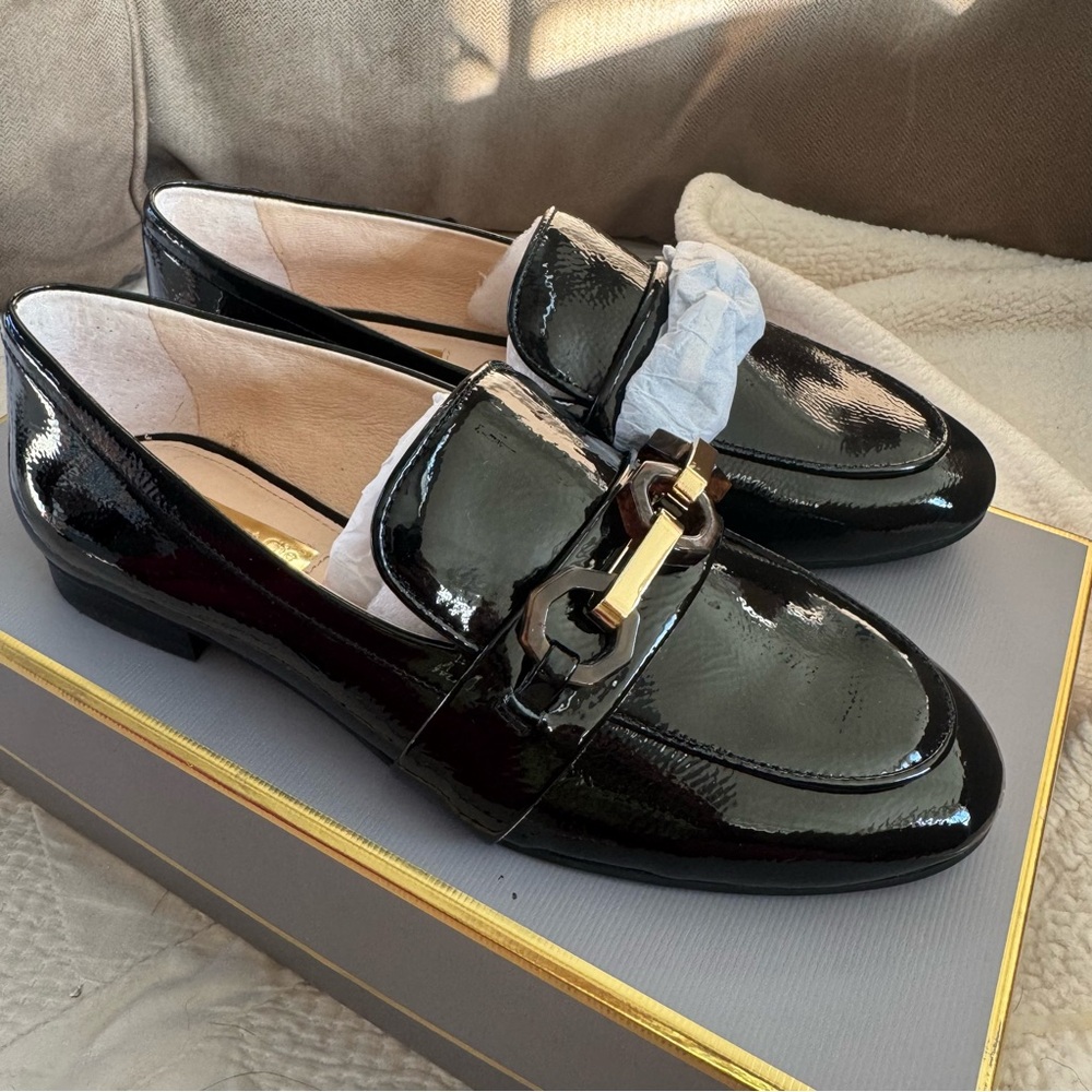 Louise et Cie Glossy Black Loafers with Gold Accent Lo-Brone - Picture 1 of 5